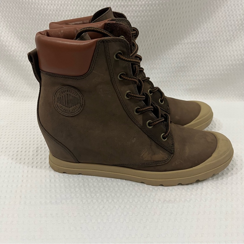 Palladium Women's Esmeraldas Brown Leather Wedge Boots Size 8.5